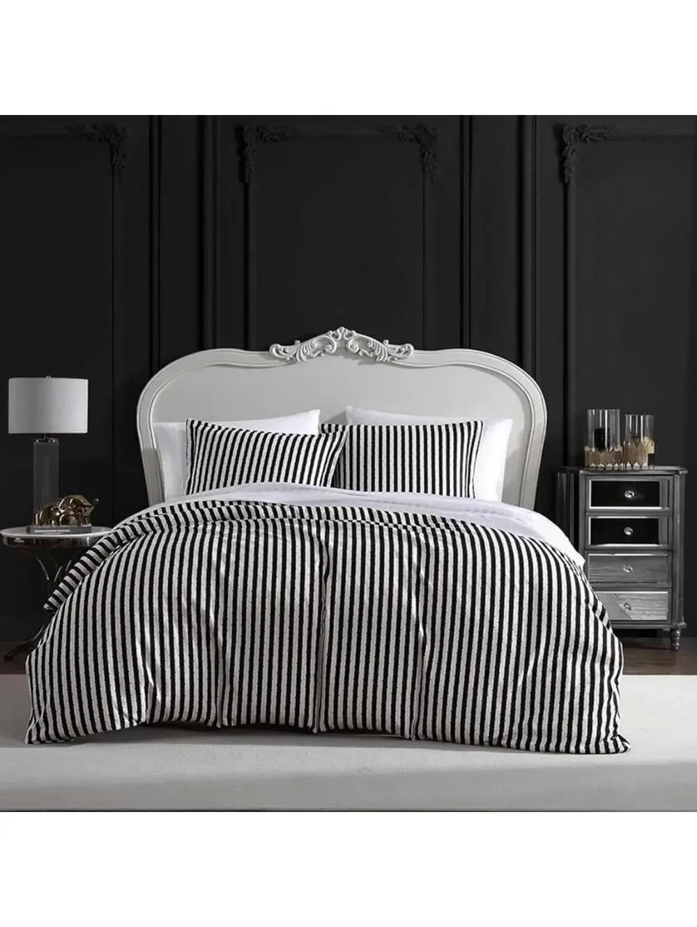 NEW Betsey Johnson KING DUVET SET Black White Stripe Cover Pillow Cases NIP